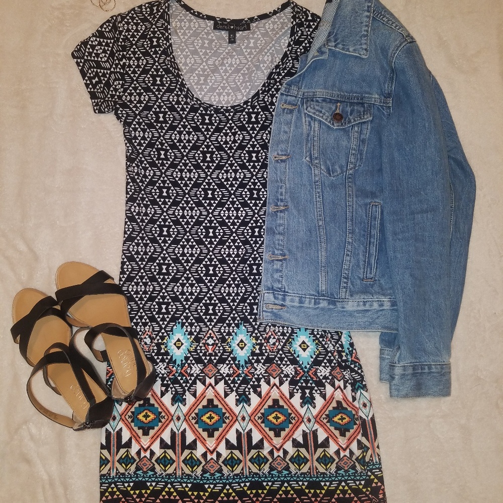 Tribal print, black and white t-shirt dress.